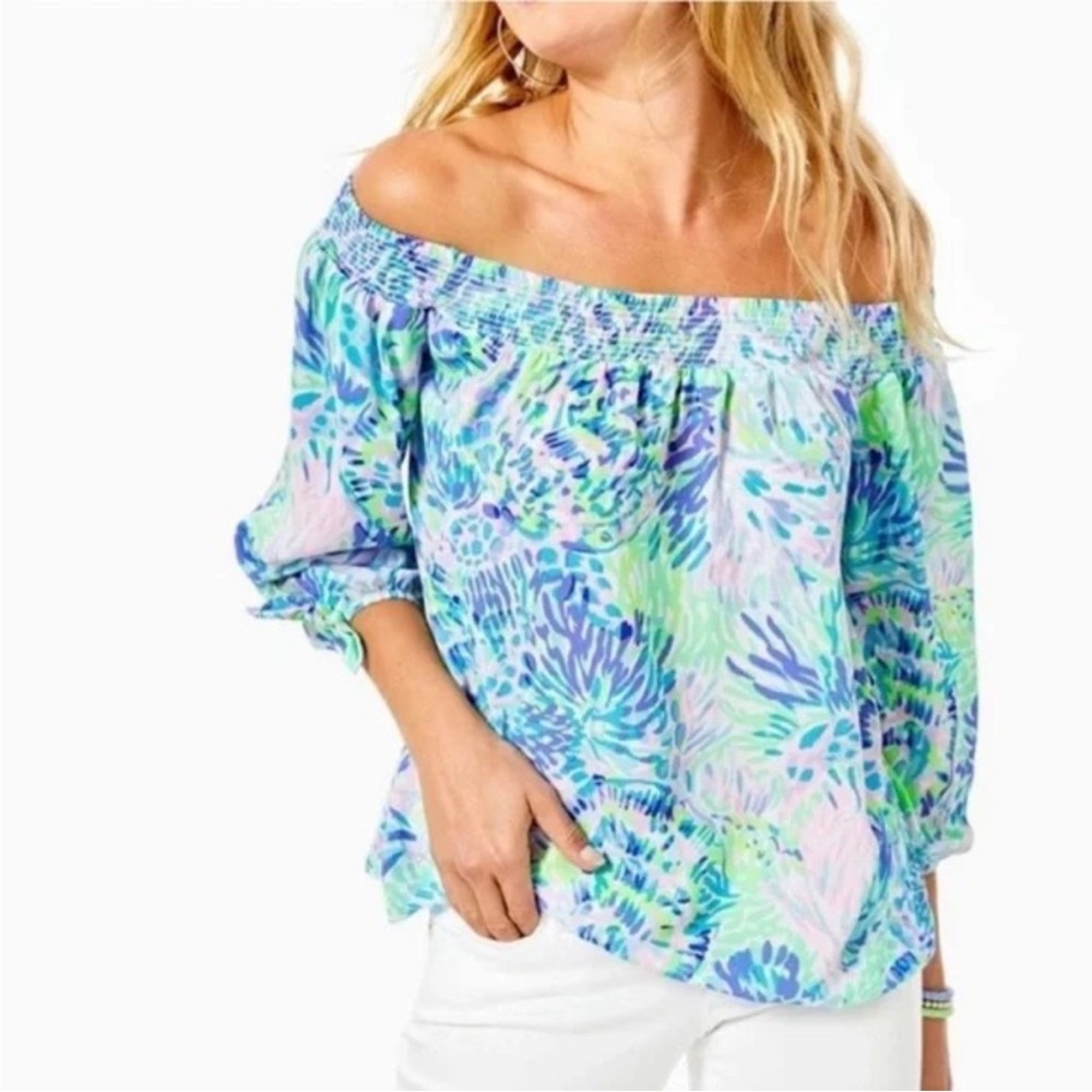 LILLY PULITZER MARYELLEN OFF THE SHOULDER TOP in “SHELL OF A PARTY”, Sz M •NWOT•